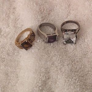 Three Fun Evening Rings! Faux Brown Diamonds,Purple Stone, and Large clear stone